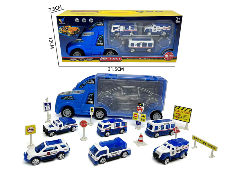 Friction Container Trailer+3Pcs Alloy Special Police Vehicle（With Road Signs）