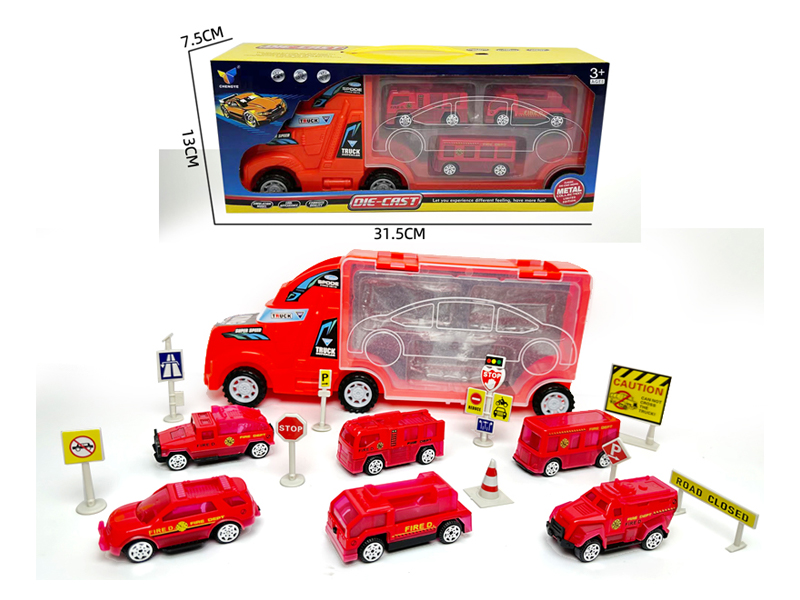 Friction Container Trailer+3Pcs Alloy Fire Truck（With Road Signs）