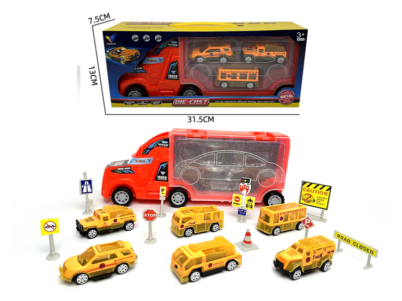 Friction Container Trailer+3Pcs Alloy Engineering Vehicle（With Road Signs）