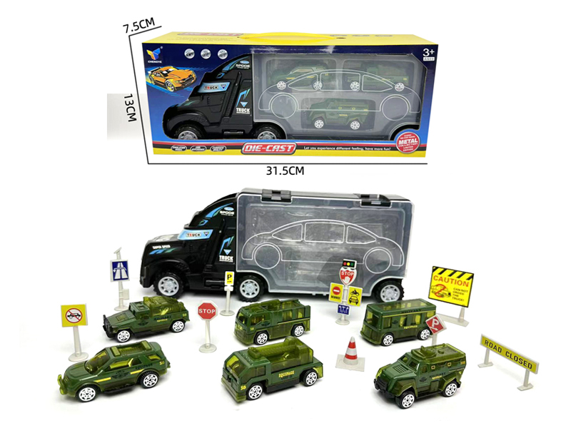 Friction Container Trailer+3Pcs Alloy Military Vehicle（With Road Signs）