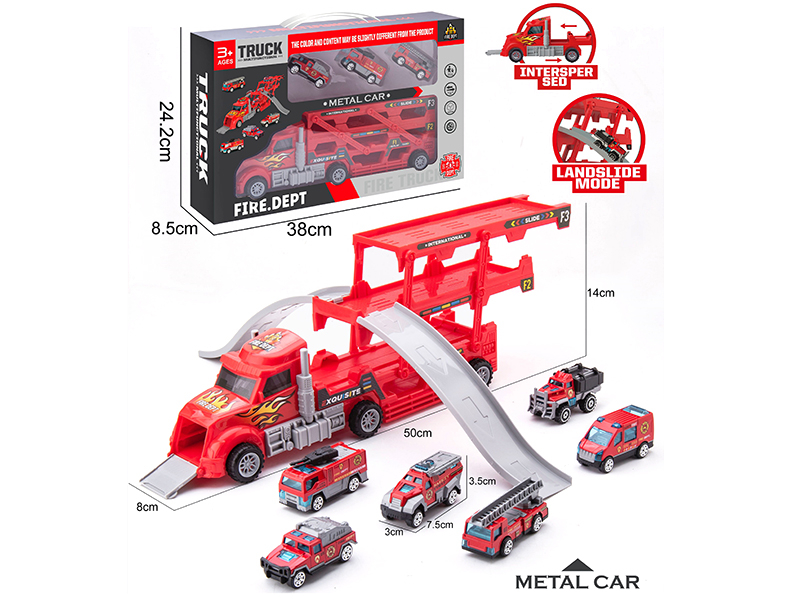 Folding Container Truck Alloy Fire Engine Track Scene