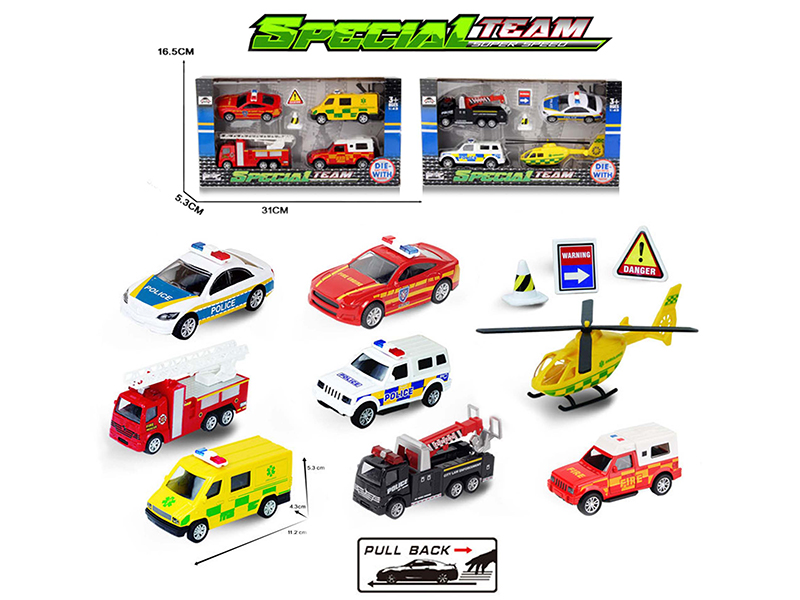 1:43 Pull Back Alloy Fire Engine Police Car Set