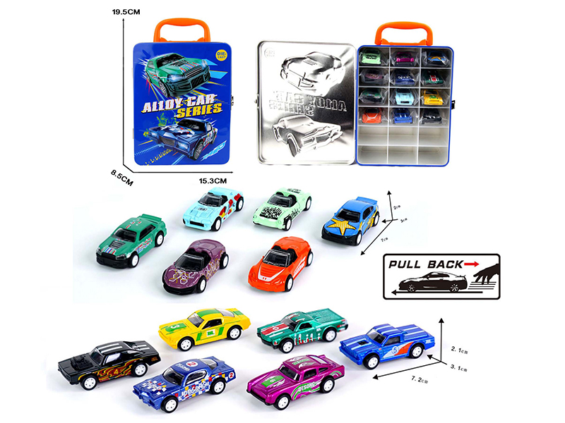 12pcs Pull Back Alloy Cars Metal Hand Box