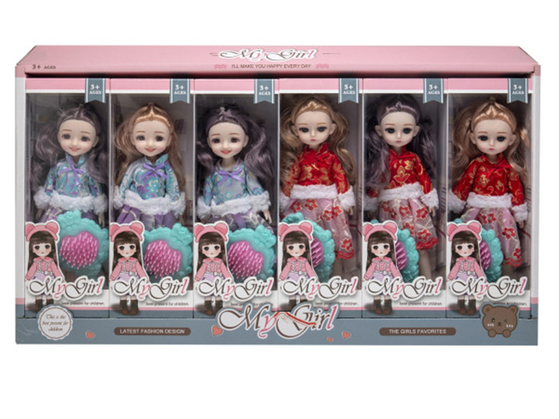 9 Inch Solid National Style Beautiful Girl Doll With Comb 6pcs