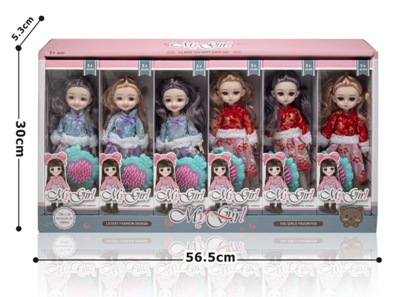 9 Inch Solid National Style Beautiful Girl Doll With Comb 6pcs