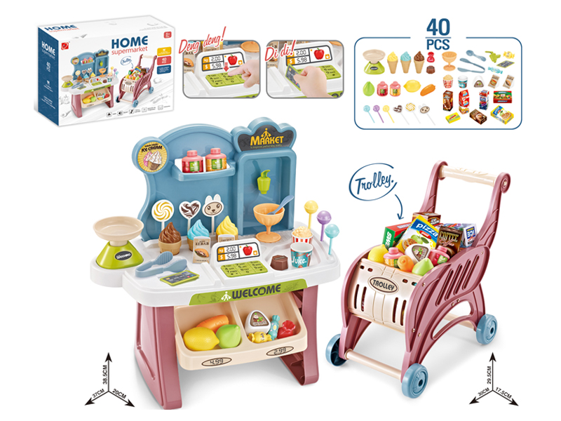 40PCS Mini Multifunctional Supermarket Desk+Shopping Cart