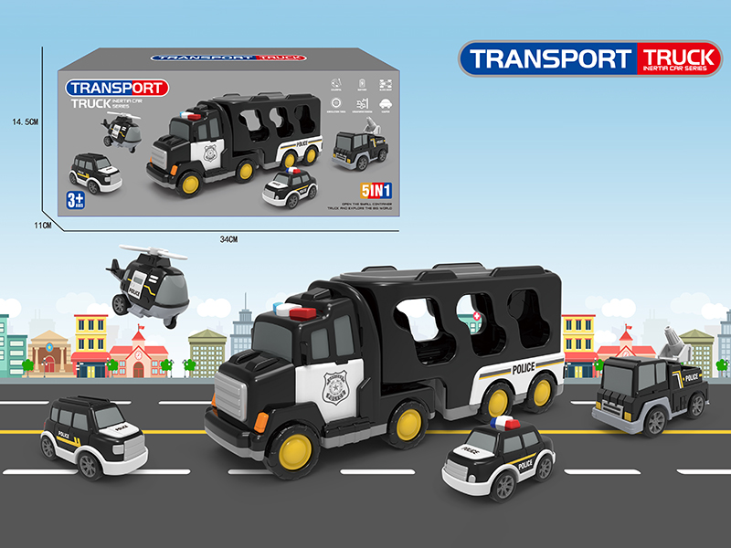 Friction City Transport Truck With Lights And Music(Black) + 4 Small Cars