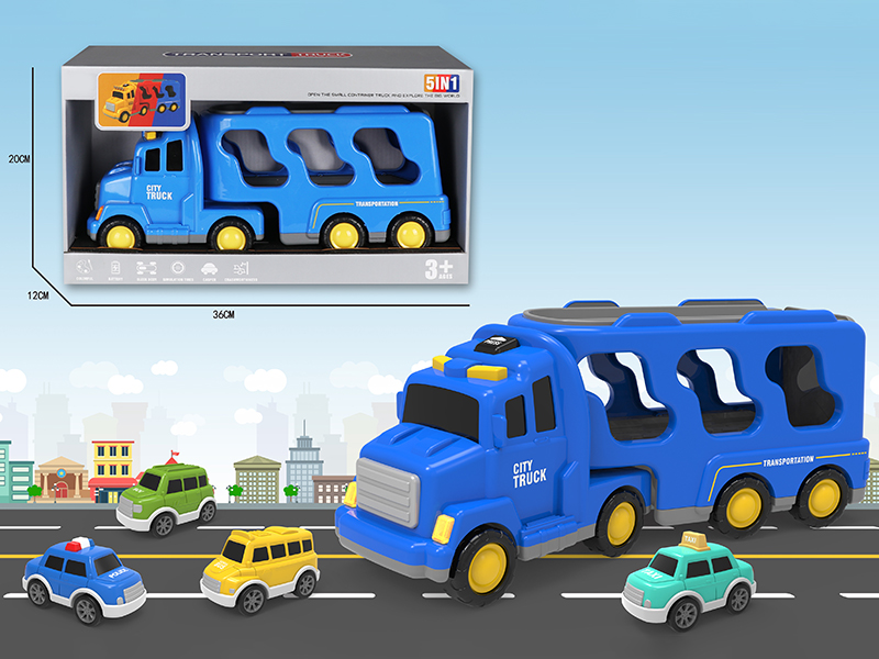 Friction City Transport Truck With Lights And Music(Blue) + 4 Small Cars
