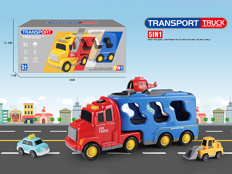 Friction City Transport Truck With Lights And Music + 4 Small Cars
