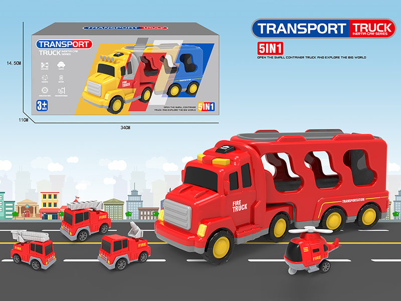 Friction City Transport Truck With Lights And Music(Red) + 4 Small Cars