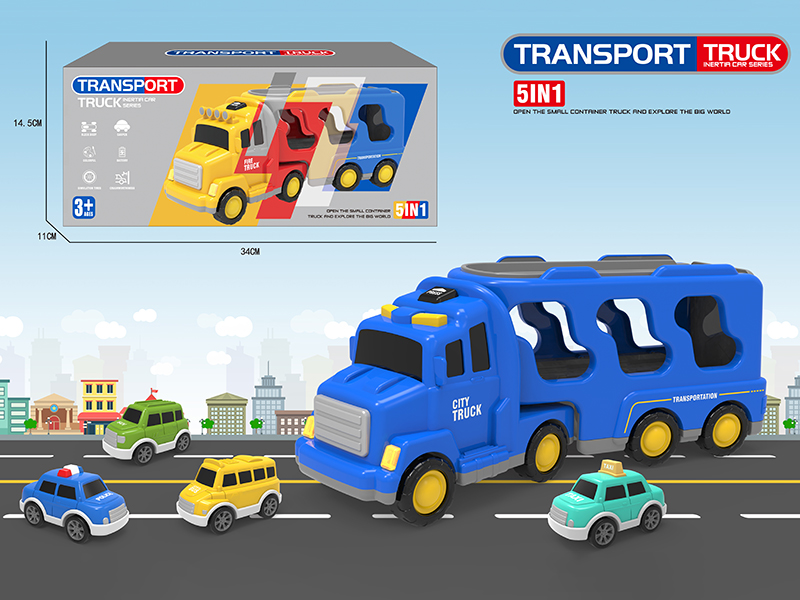 Friction City Transport Truck With Lights And Music(Blue) + 4 Small Cars
