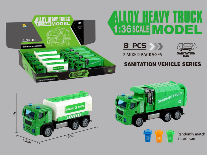8PCS Alloy Pull Back Sanitation Vehicle (Sanitation Vehicle+Cleaning Vehicle+Trash Can)