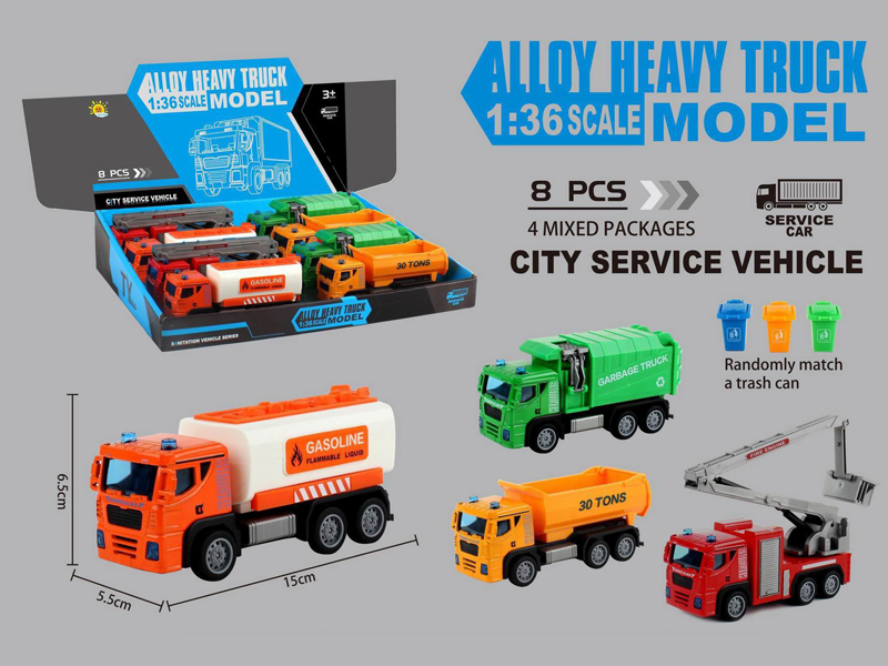 8PCS Alloy Pull Back Vehicle (Sanitation Vehicle+Dump Truck+Rescue Vehicle+Oil Tank Truck+Garbage Bin)