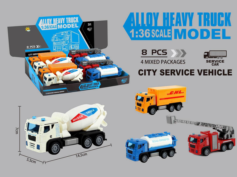 8PCS Alloy Pull Back Vehicle (Container Truck+Drum Truck+Sprinkler Truck+Ladder Truck)
