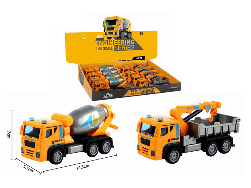 8PCS Pull Back Engineering Vehicle (Drum Truck+Crane)