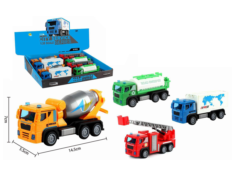 8PCSPull Back Car Set (Drum Truck+Sprinkler Truck+Ladder Truck+Container Truck)