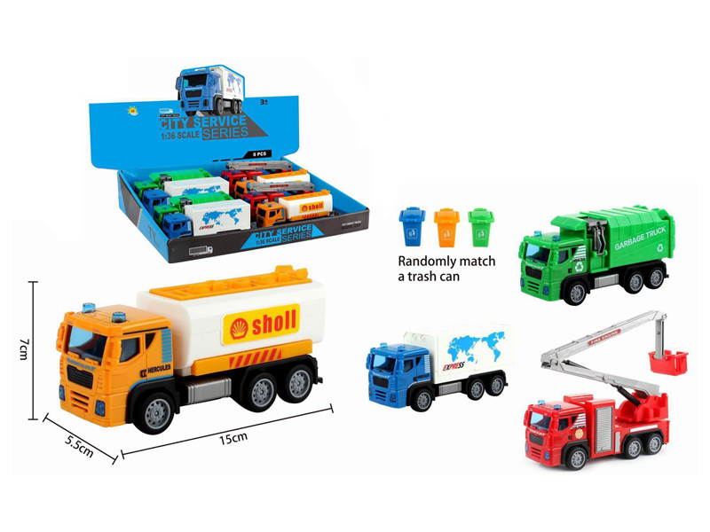 8PCS Pull Back Car Set (Oil Tank Truck+Sanitation Truck+Container Truck+Rescue Truck+Garbage Bin)
