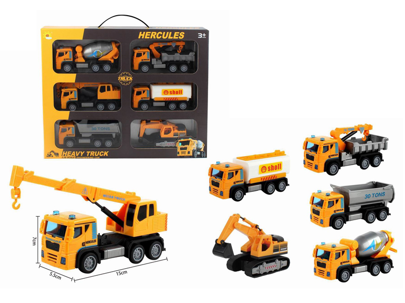 Pull Back Engineering Vehicle (Rotary Crane+Oil Tank Truck+Rotary Excavator Truck+Crane+Dump Truck+Drum Truck)