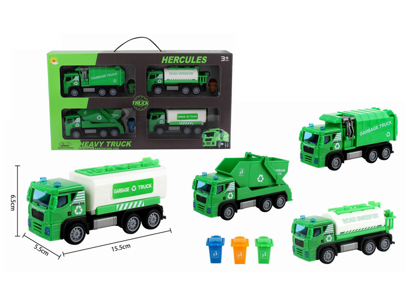 Pull Back Sanitation Vehicle (Cleaning Truck+Dump Truck+Sanitation Truck+Sprinkler Truck+Trash Can)
