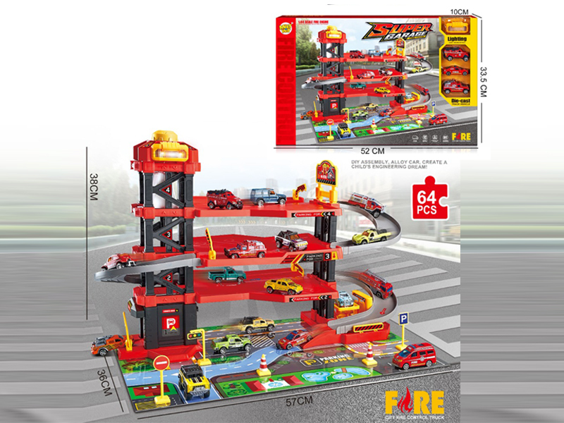64PCS City Four Story Parking Lot Fire Fighting Set With Light And Music