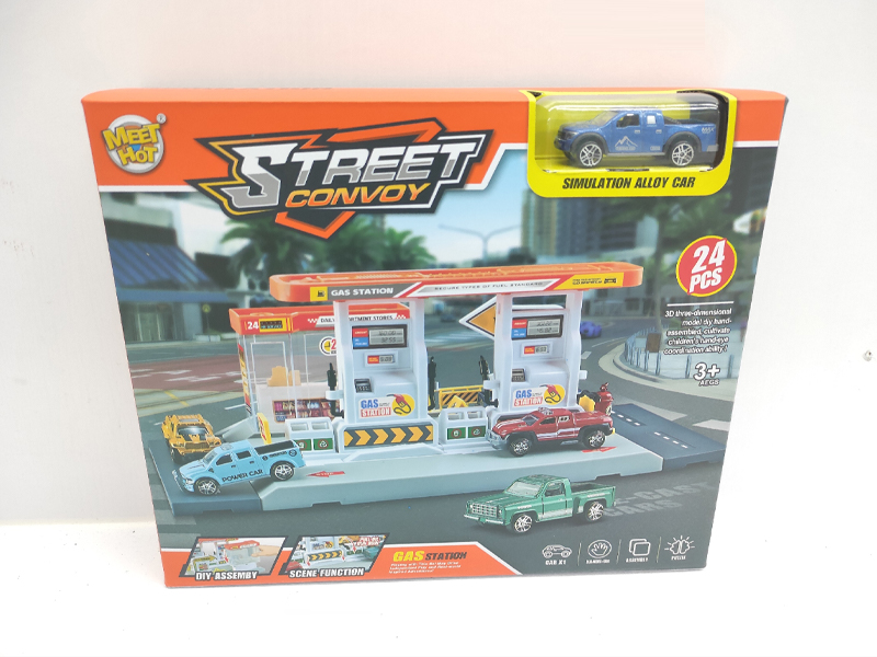 24PCS Urban Gas Station Parking Lot+1 Alloy Car