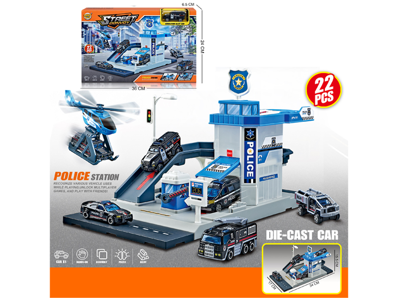 22PCS City Police Station Parking Lot+1 Alloy Car