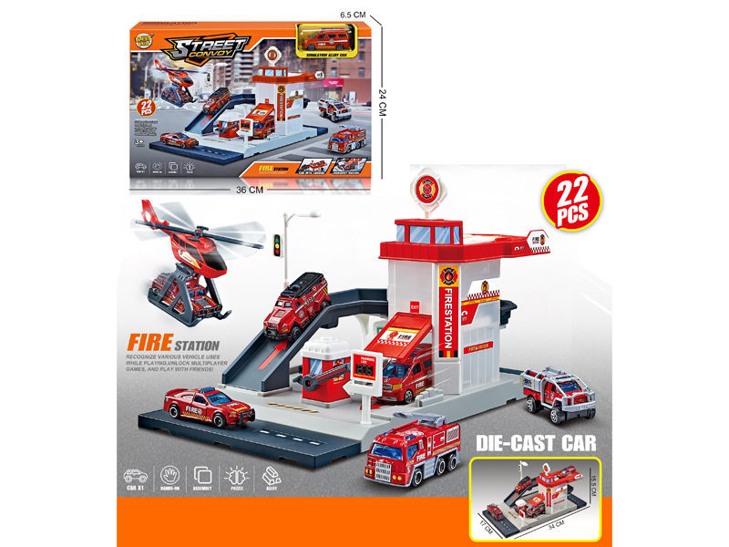 22PCS City Fire Department Parking Lot+1 Alloy Car