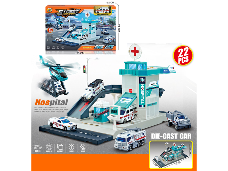 22PCS City Hospital Parking Lot+1 Alloy Car
