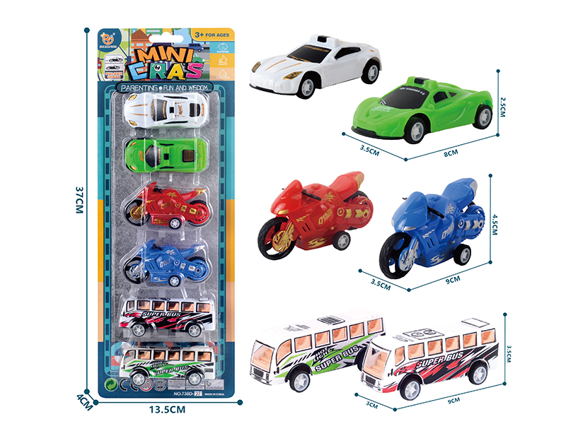 Pull Back Bus Motorcycle Race Cars 6pcs