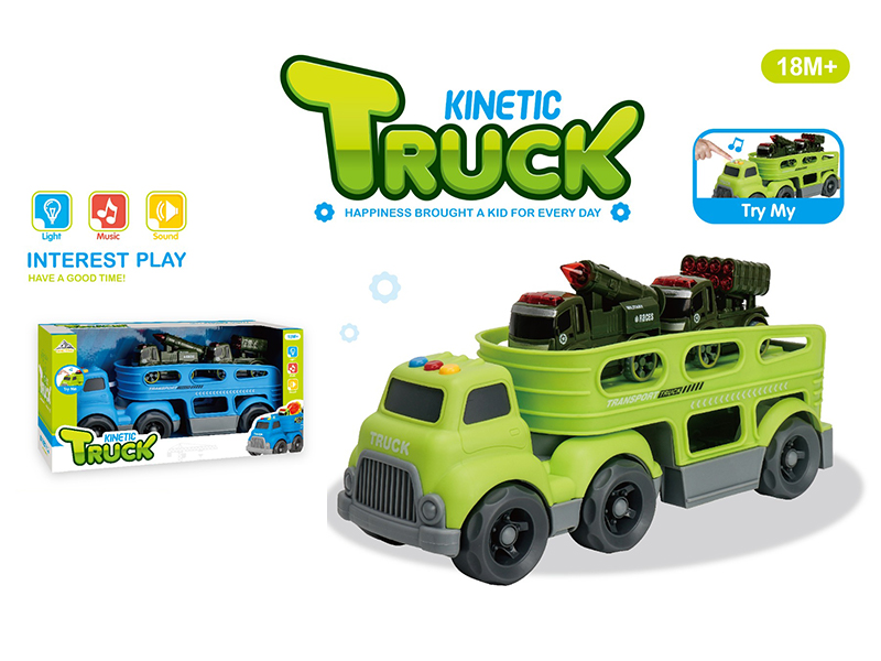 Slide Cartoon Trailer Transport Vehicle With Light And Music+2PCS Friction Military Vehicles