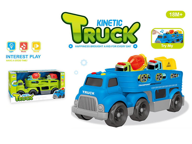 Slide Cartoon Trailer Transport Vehicle With Light And Music+2PCS Friction Engineering Vehicle