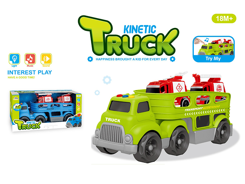 Slide Cartoon Trailer Transport Vehicle With Light And Music+2PCS Friction Fire Engine