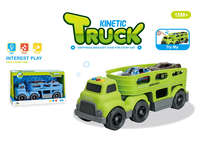 Slide Cartoon Trailer Transport Vehicle With Light And Music+2PCS Pull Back Alloy Car