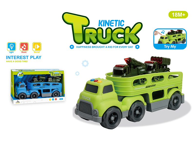 Slide Cartoon Trailer Transport Vehicle With Light And Music+2PCS Friction Military Vehicles