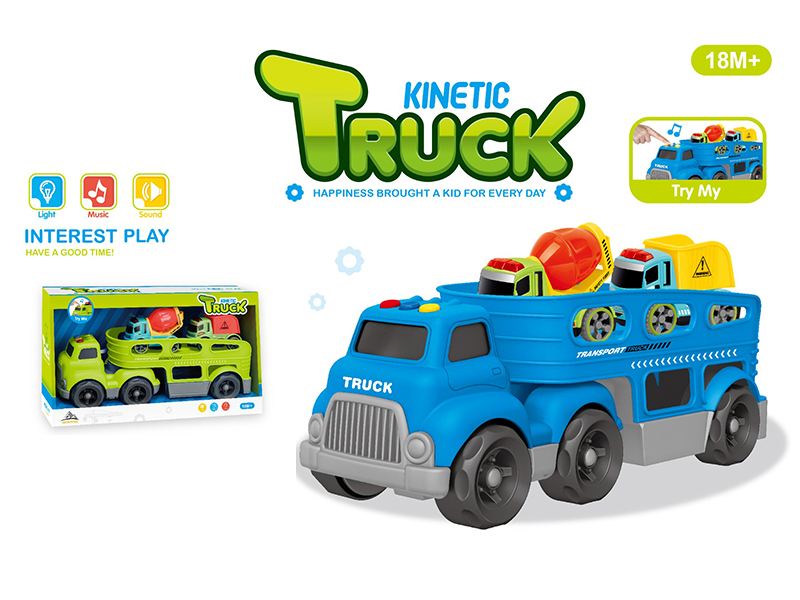 Slide Cartoon Trailer Transport Vehicle With Light And Music+2PCS Friction Engineering Vehicle