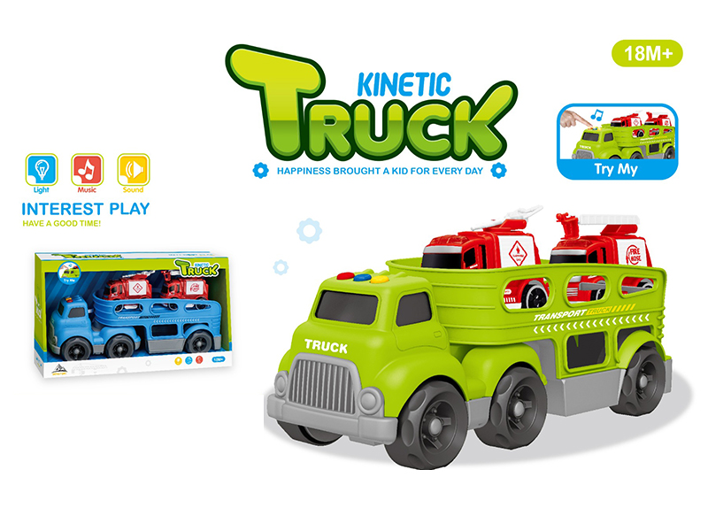 Slide Cartoon Trailer Transport Vehicle With Light And Music+2PCS Friction Fire Engine