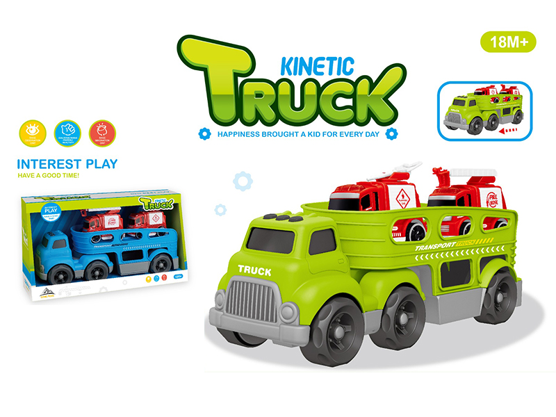 Slide Cartoon Trailer Transport Vehicle+2PCS Friction Fire Engine