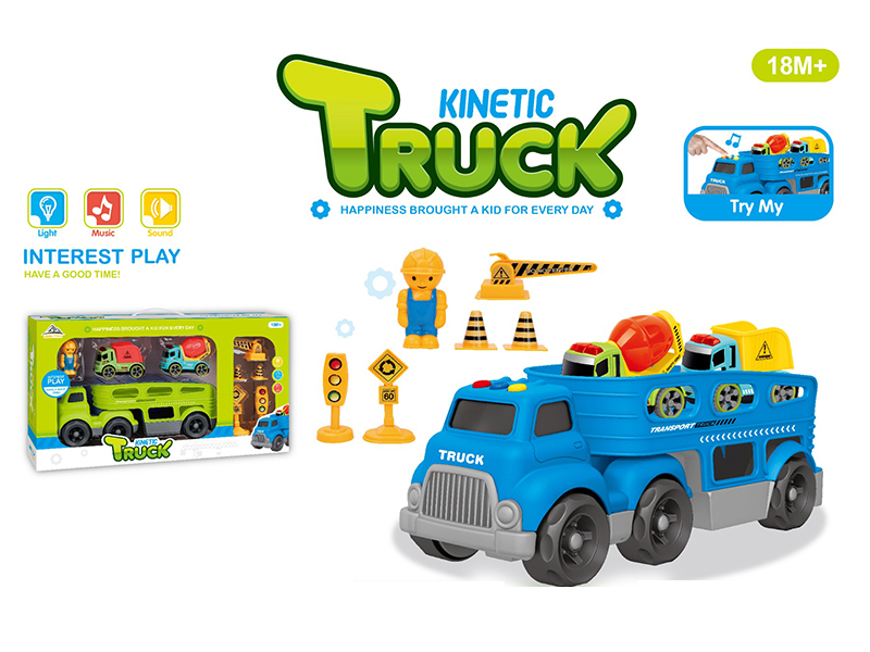 Slide Trailer Transport Vehicle+2PCS Friction Engineering Vehicle Road Signs With Light And Music