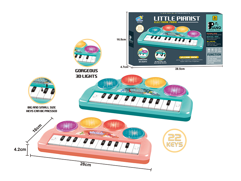 Electronic Organ(Orange Red/Blue Green)3D Light/Music/22 Keys