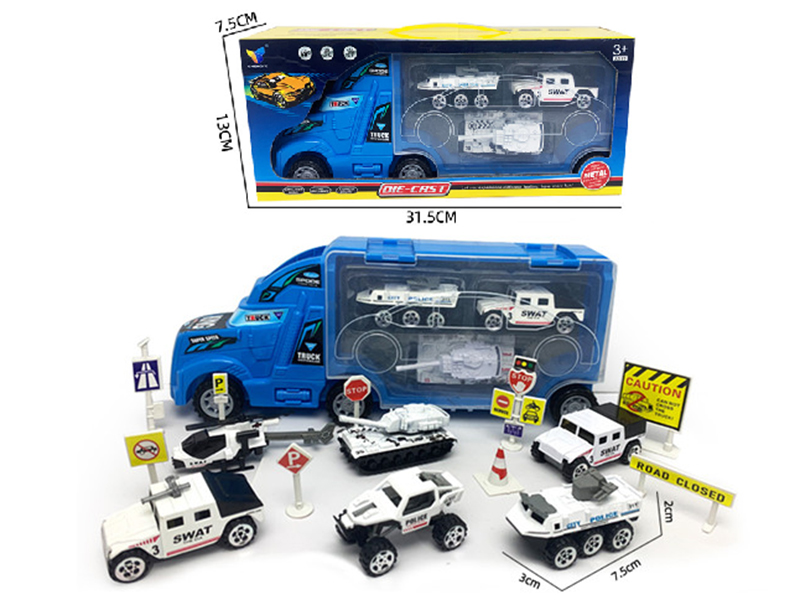 Container Truck +3 Alloy SWAT Police Cars + Guidepost