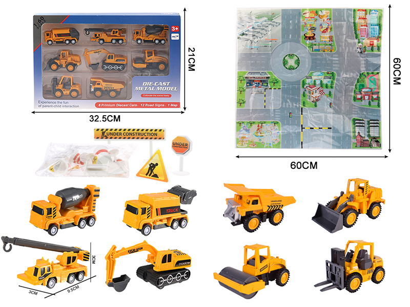 1:60 Pull Back Alloy Engineering Truck 8PCS + Map + 12 Guidepost