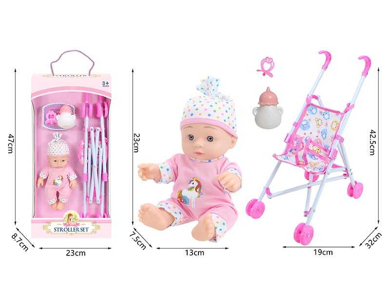 10 Inch Vinyl Newborn Baby Doll + Stroller + Feeding-Bottle + Pacifier