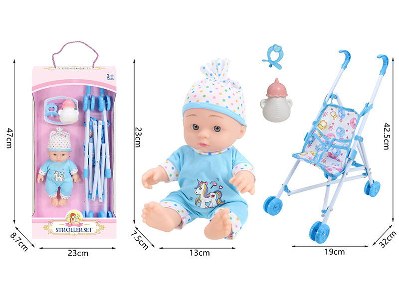 10 Inch Vinyl Newborn Baby Doll + Stroller + Feeding-Bottle + Pacifier