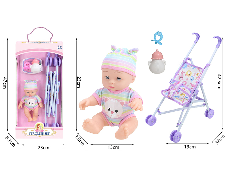 10 Inch Vinyl Newborn Baby Doll + Stroller + Feeding-Bottle + Pacifier