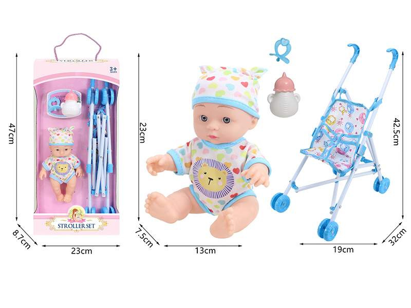 10 Inch Vinyl Newborn Baby Doll + Stroller + Feeding-Bottle + Pacifier