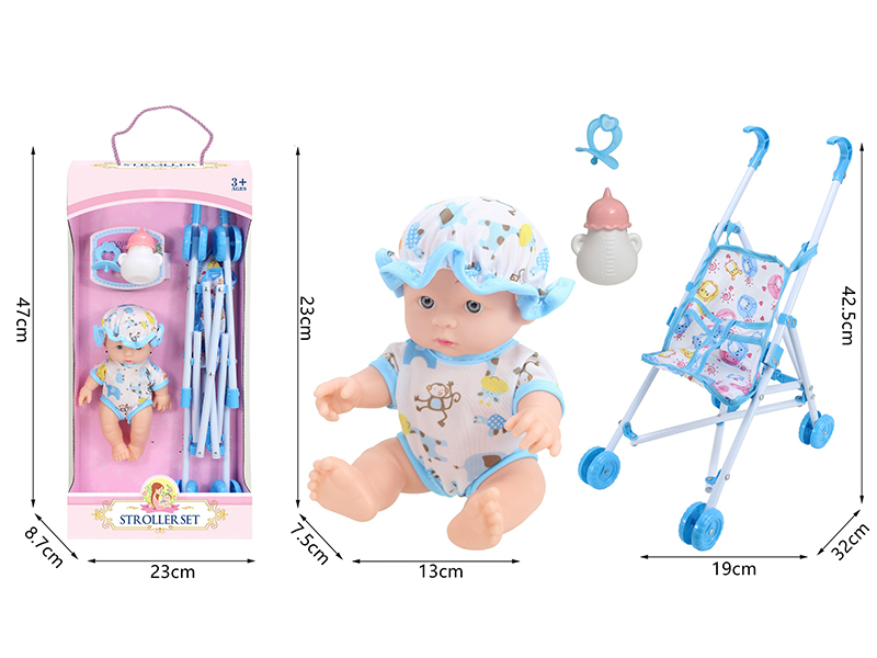 10 Inch Vinyl Newborn Baby Doll + Stroller + Feeding-Bottle + Pacifier