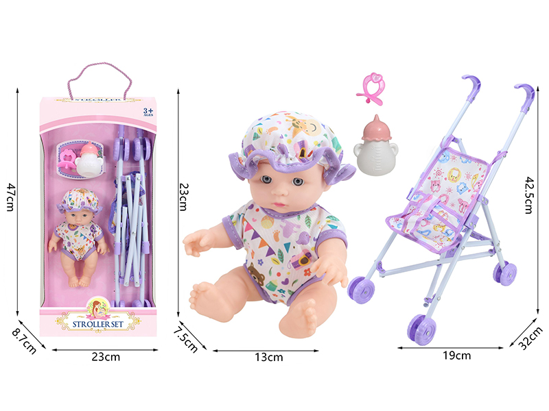 10 Inch Vinyl Newborn Baby Doll + Stroller + Feeding-Bottle + Pacifier