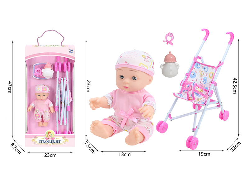 10 Inch Vinyl Newborn Baby Doll + Stroller + Feeding-Bottle + Pacifier