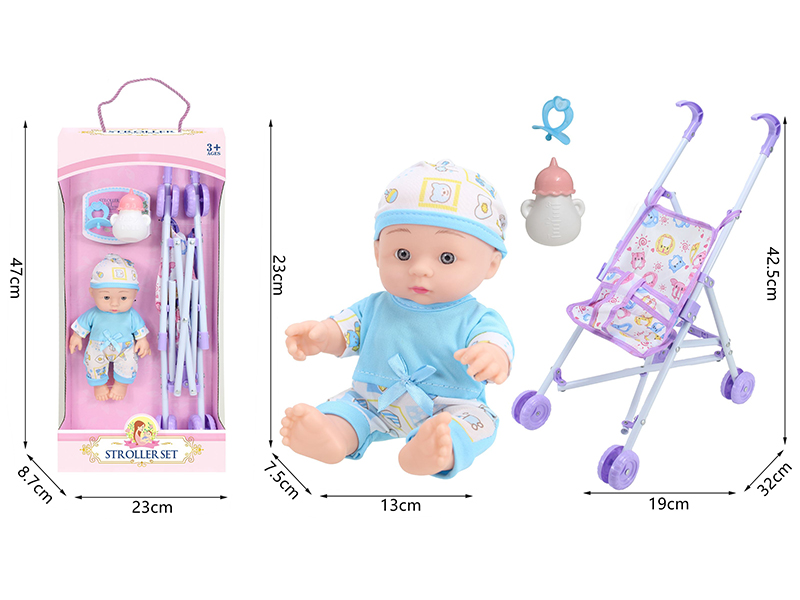 10 Inch Vinyl Newborn Baby Doll + Stroller + Feeding-Bottle + Pacifier