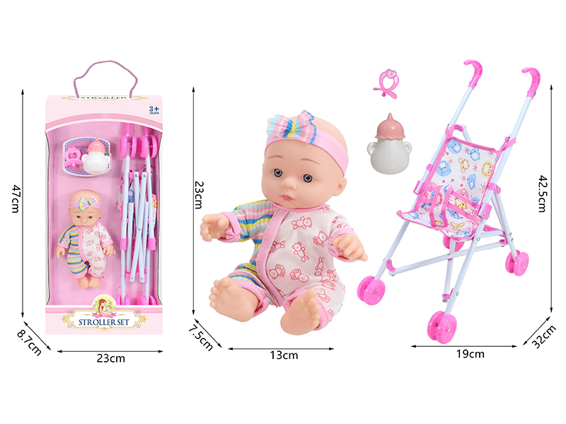 10 Inch Vinyl Newborn Baby Doll + Stroller + Feeding-Bottle + Pacifier